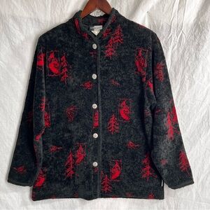 Vintage Artisans Women M Sherpa Jacket Button Front Cardinal All Over Print Xmas